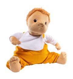 an empathy doll with yellow hair and a white and yellow outfit